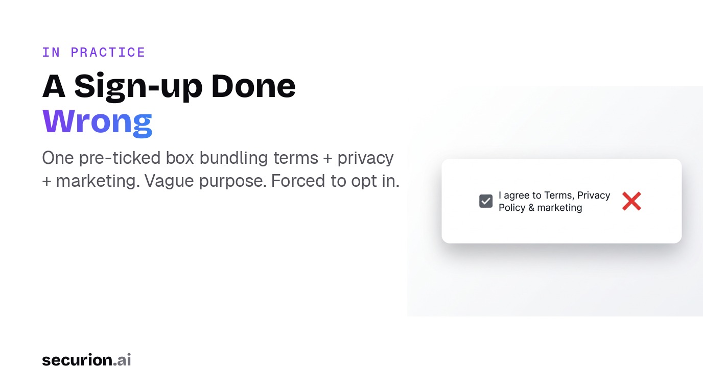 A non-compliant sign-up: one pre-ticked box bundling terms, privacy and marketing