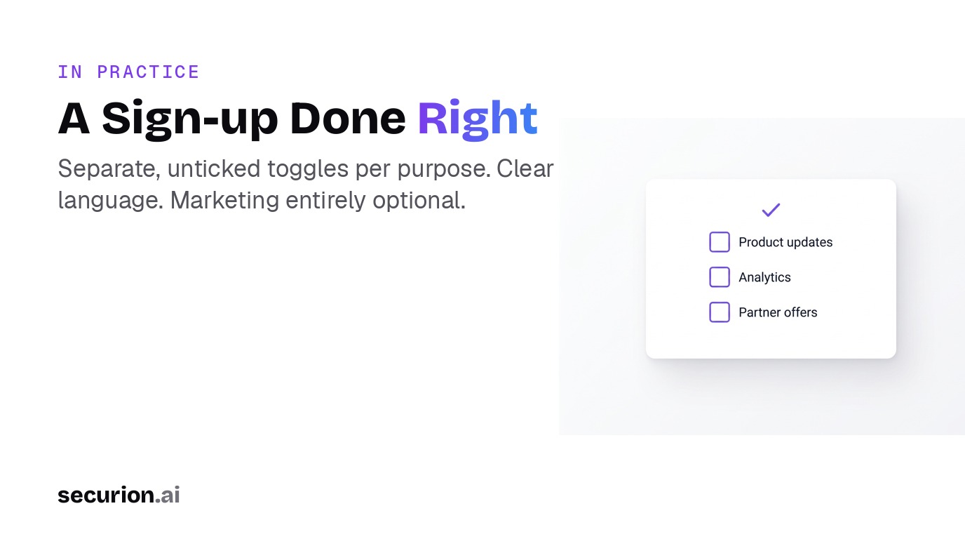 A compliant sign-up: separate, unticked toggles for each purpose, with marketing optional