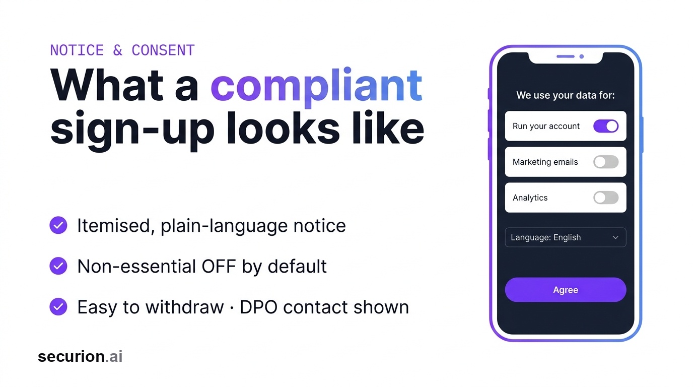 What a compliant sign-up looks like: an itemised notice, an unticked consent toggle per purpose, and an easy way to withdraw